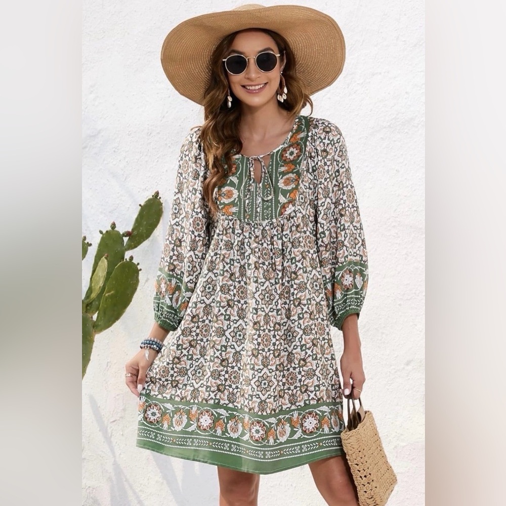 Boho Floral Green Border Tunic Dress
